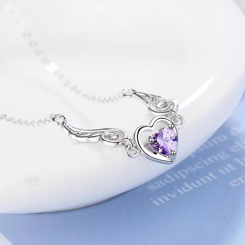 925 Sterling Silver Women Chain On The Neck Collarbone Necklace For Women Angel Wing Purple Zircon Pendant Chain Girl Jewelry 925 Sterling Silver Women Chain On The Neck Collarbone Necklace For Women Angel Wing Purple Zircon Pendant Chain Girl Jewelry
