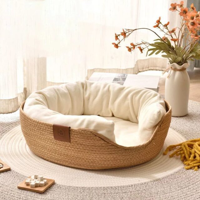 handmade bamboo cat and dog bed with cushion