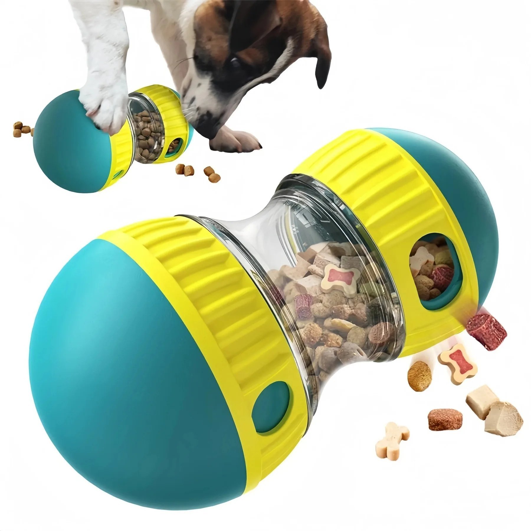 dog using interactive food dispenser toy to get kibble