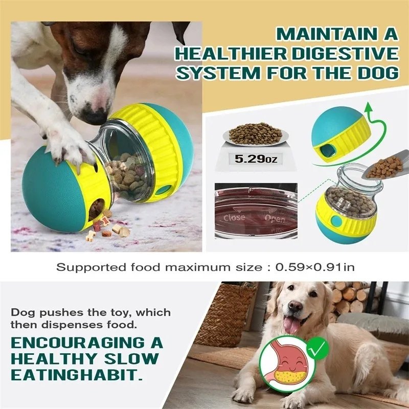 dog using interactive food dispenser toy to get kibble